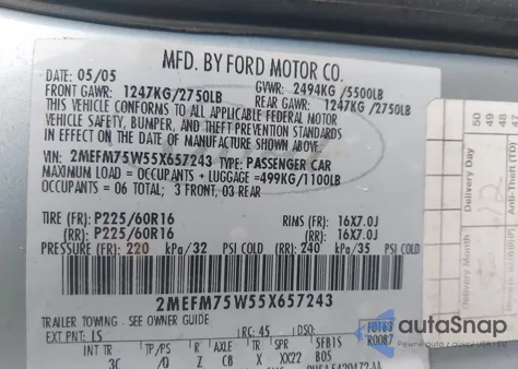 2005 Mercury Grand Marquis Ls/Lse from USA, damaged, VIN 2MEFM75W55X657243